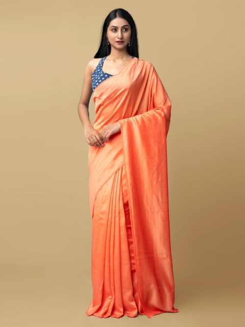 

Unnati Silks Women Orange Plain Art Dupion Silk Saree