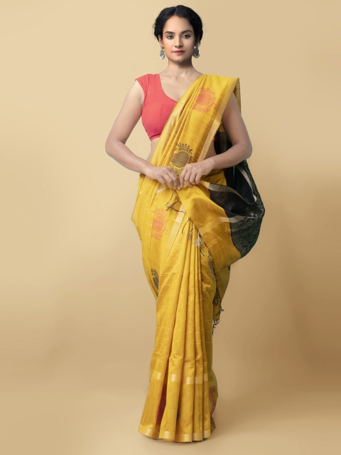 

Unnati Silks Yellow & Black Woven Design Linen Blend Mysore Silk Saree