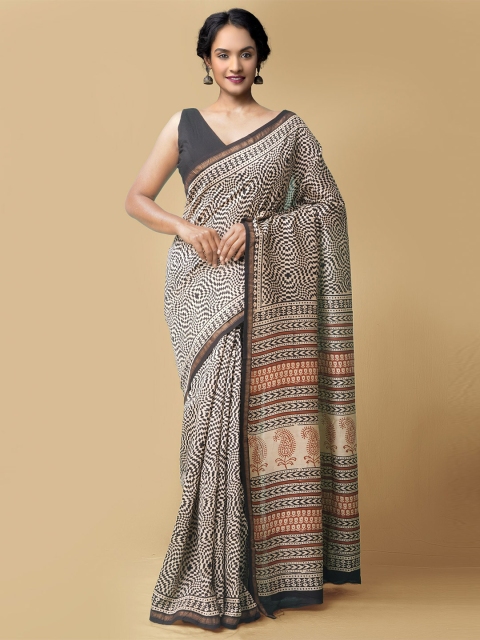 

Unnati Silks Beige & Black Zari Silk Cotton Chanderi Saree