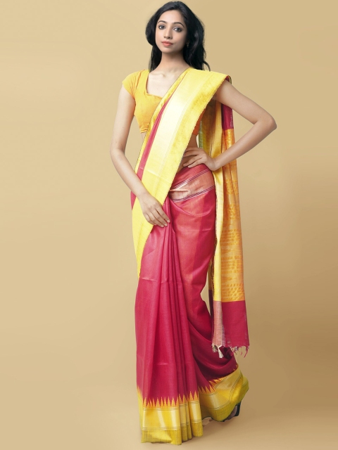 

Unnati Silks Red & Yellow Zari Linen Blend Mysore Silk Saree