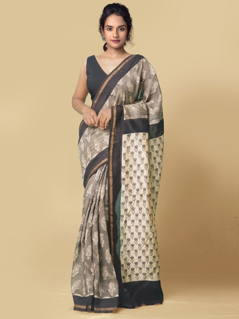 

Unnati Silks Grey & Beige Paisley Zari Silk Cotton Chanderi Saree