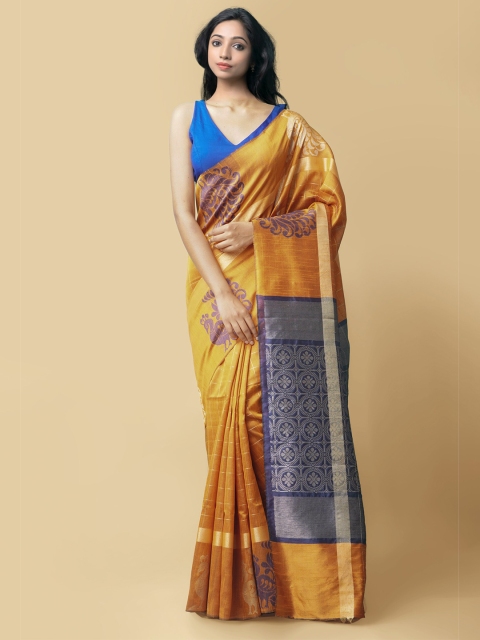 

Unnati Silks Orange & Blue Woven Design Linen Blend Mysore Silk Saree