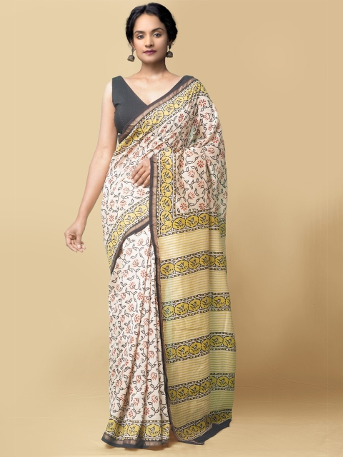 

Unnati Silks Beige & Yellow Floral Zari Silk Cotton Chanderi Saree