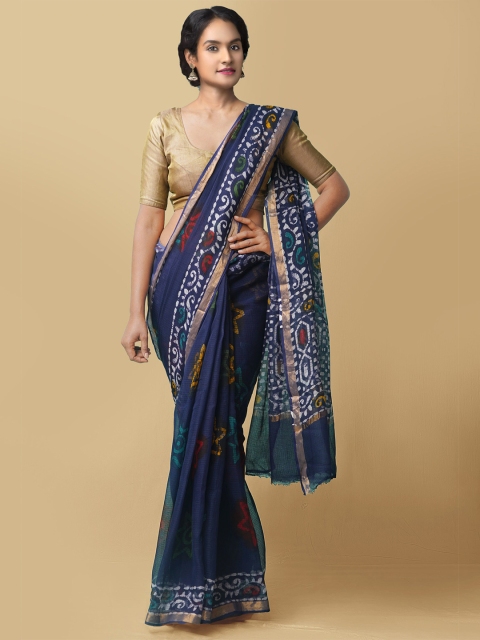 

Unnati Silks Women Navy Blue & White Pure Batik Kota Cotton Sustainable Saree