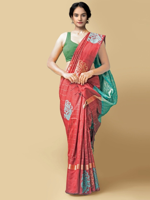 

Unnati Silks Maroon & Green Ethnic Motifs Woven Design Linen Blend Saree