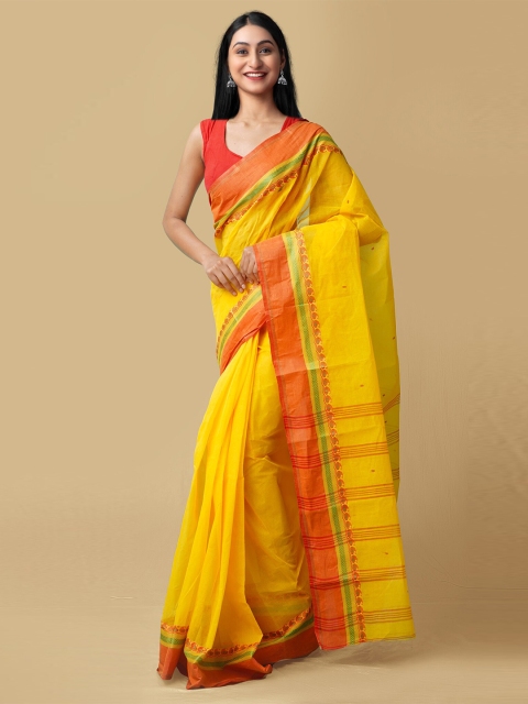 

Unnati Silks Yellow & Orange Paisley Pure Cotton Taant Saree