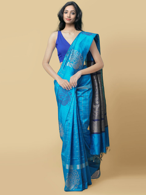 

Unnati Silks Blue & Gold-Toned Woven Design Linen Blend Mysore Silk Saree