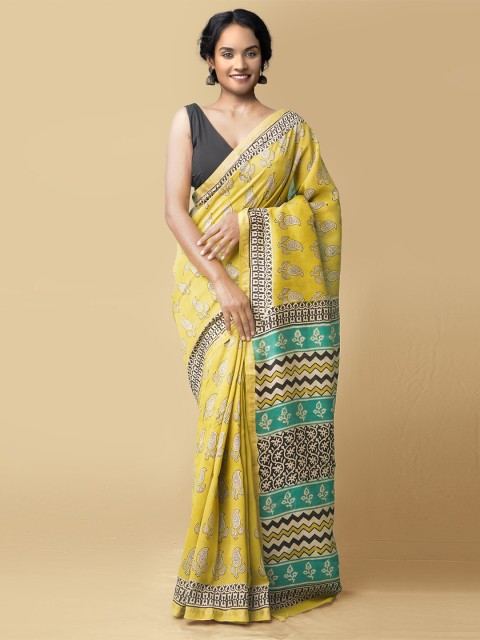 

Unnati Silks Yellow & Turquoise Blue Floral Zari Silk Cotton Chanderi Saree