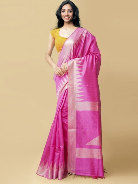 

Unnati Silks Pink & Gold-Toned Woven Design Zari Linen Blend Mysore Silk Saree