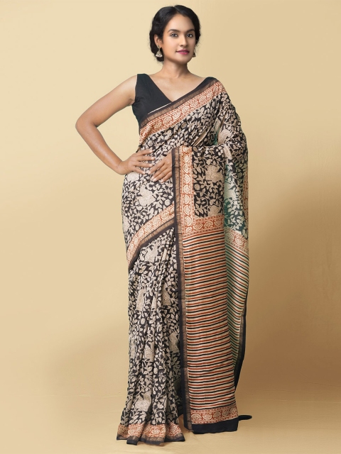 

Unnati Silks Black & Beige Floral Silk Cotton Pure Preet Bagru Chanderi Saree