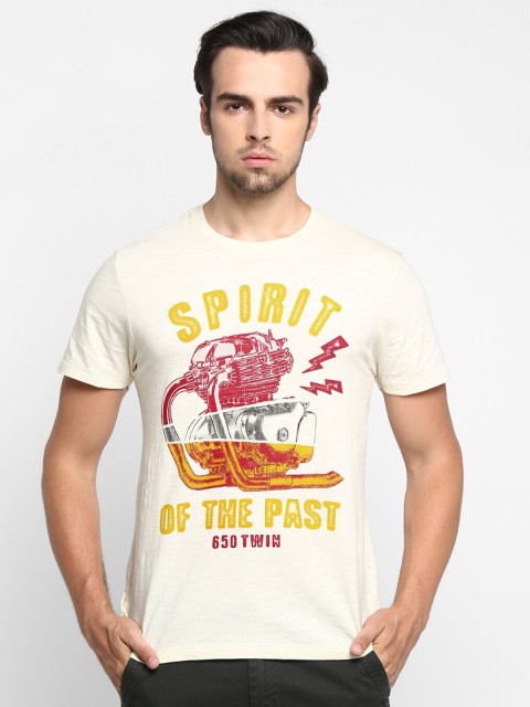 

Royal Enfield Men White & Coral Typography Cotton Printed T-shirt