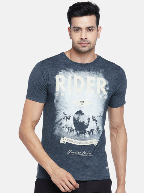 

Urban Ranger by pantaloons Men Navy Blue Printed Raw Edge Slim Fit T-shirt