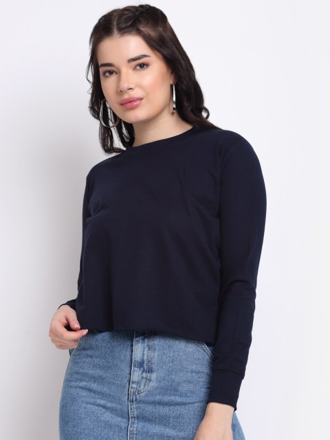 

TAG 7 Women Navy Blue Solid Pure Cotton Crop Sweatshirt