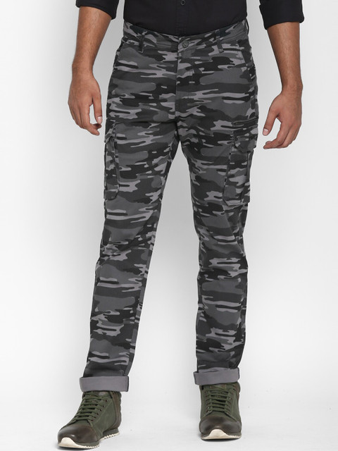 

Royal Enfield Men Grey & Black Camouflage Printed Cargos Trousers