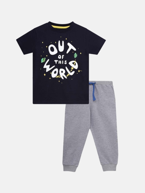 

THETA Boys Navy Blue & Grey Graphic Printed Night suit