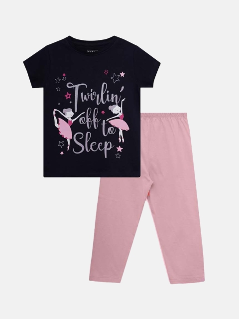 

THETA Girls Navy Blue & Pink Printed Pure Cotton Night suit
