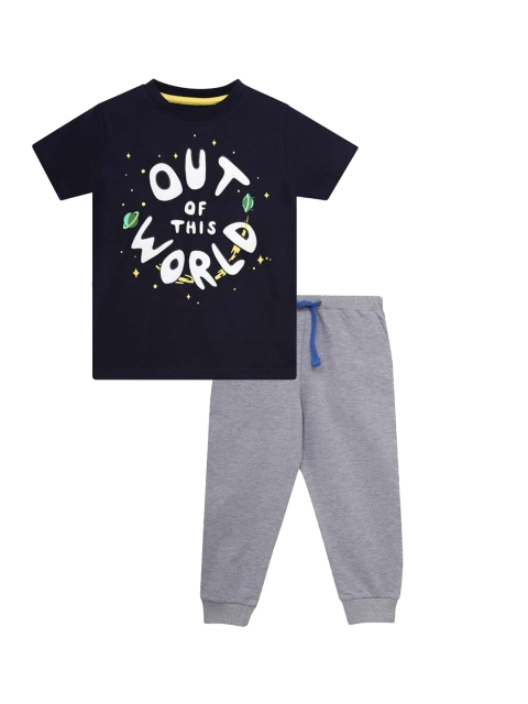 

THETA Boys Navy Blue & Grey Printed Cotton Night suit