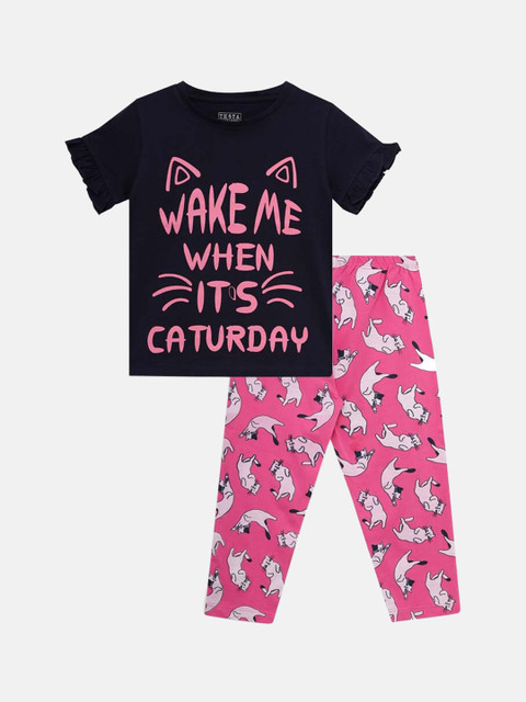 

THETA Girls Navy Blue & Pink Pure Cotton Printed Night suit