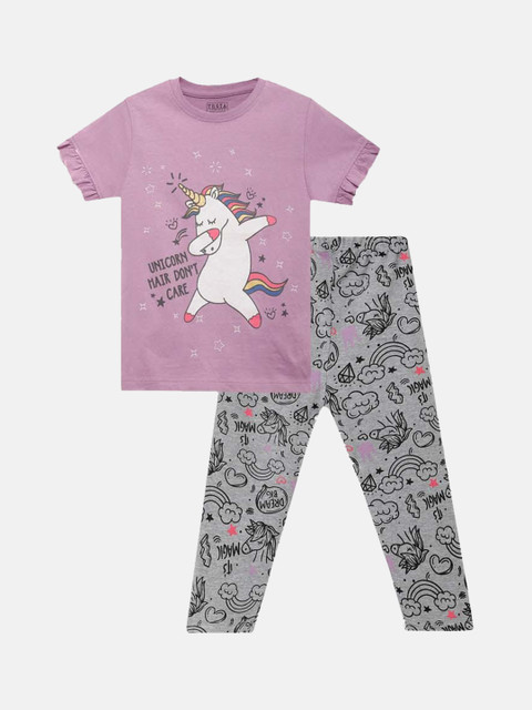 

THETA Girls Purple & Grey Unicorn Printed Pure Cotton 2 Pc Night Suit