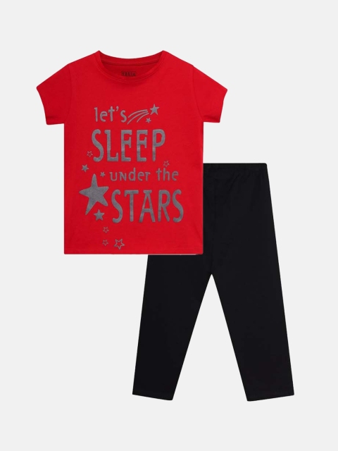 

THETA Girls Red & Black Printed Pure Cotton Night suit