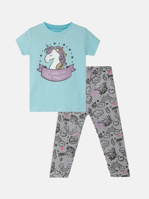 

THETA Girls Teal & Grey Printed Pure Cotton Night Suit