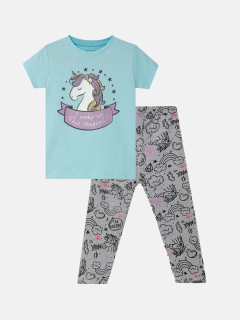 

THETA Girls Turquoise Blue & Grey Pure Cotton Printed Night suit