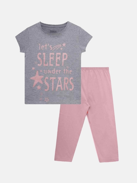 

THETA Girls Grey & Pink Printed Pure Cotton Night suit
