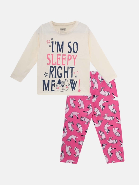 

THETA Girls White & Pink Printed Pure Cotton Night suit