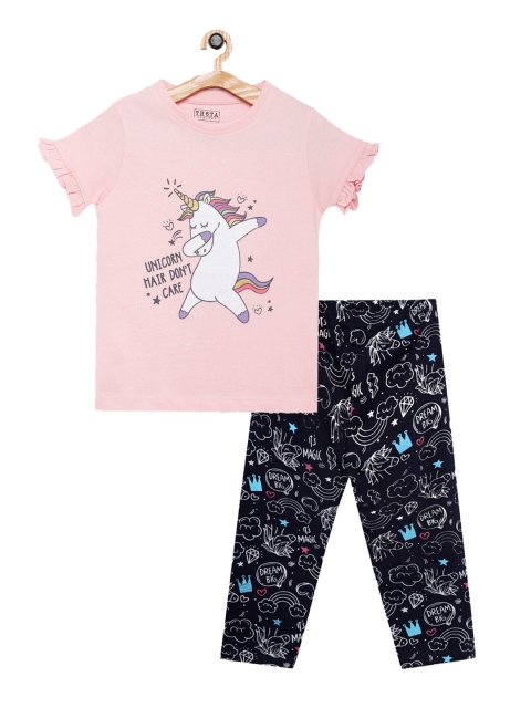 

THETA Girls Pink & Navy Blue Printed Pure Cotton Night suit