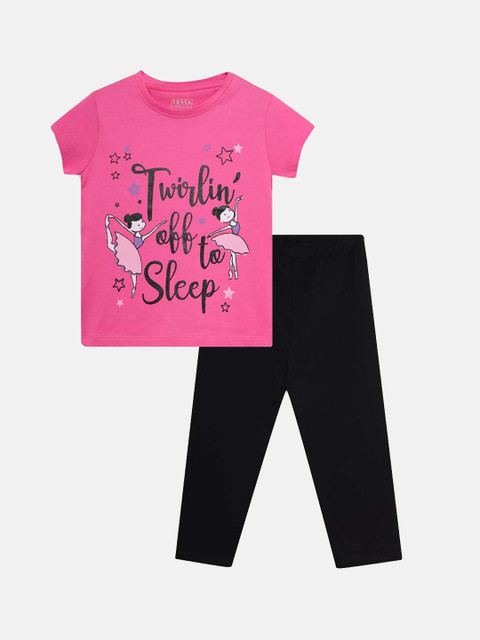 

THETA Girls Pink & Black Printed Pure Cotton Night suit