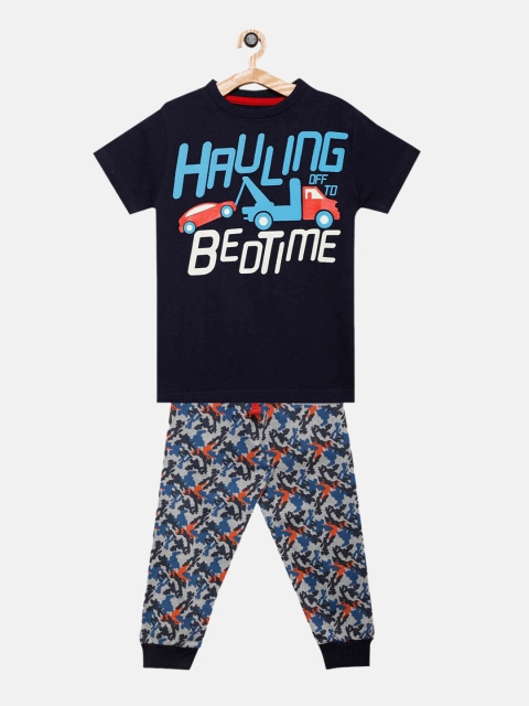 

THETA Boys Navy Blue & Blue Pure Cotton Printed Night suit