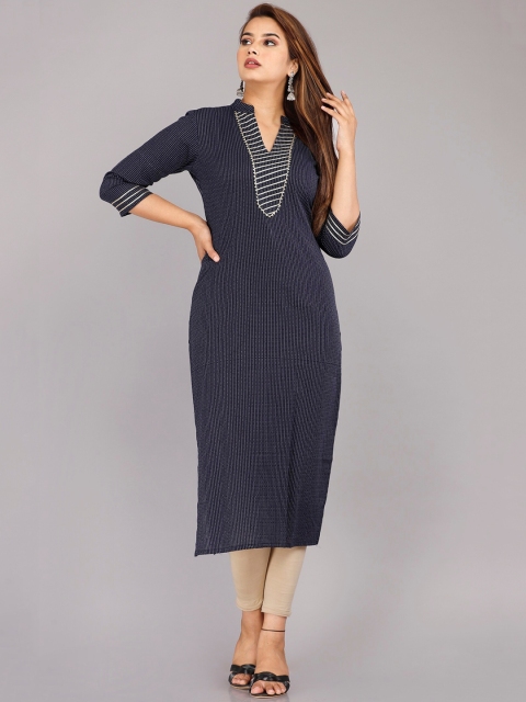 

PNEHA Women Blue Striped Flared Sleeves Thread Work Dobby Kurta