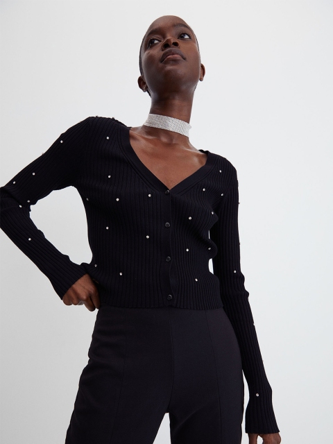 

H&M Women Black Rhinestone-Embellished Ribbed Cardigan