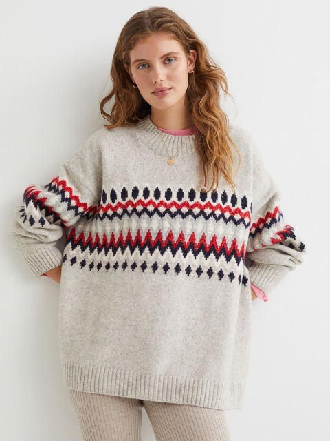 

H&M Women Beige & Red Patterned Jacquard-Knit Jumper