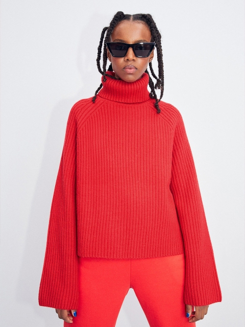

H&M Women Red Ribbed Polo-Neck Jumper