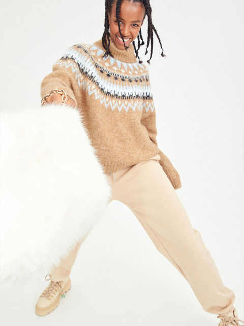 

H&M Women Beige & Black Jacquard-Knit Polo-Neck Jumper