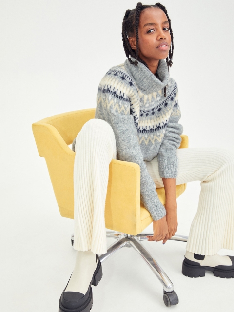 

H&M Women Grey Jacquard-Knit Polo-Neck Jumper