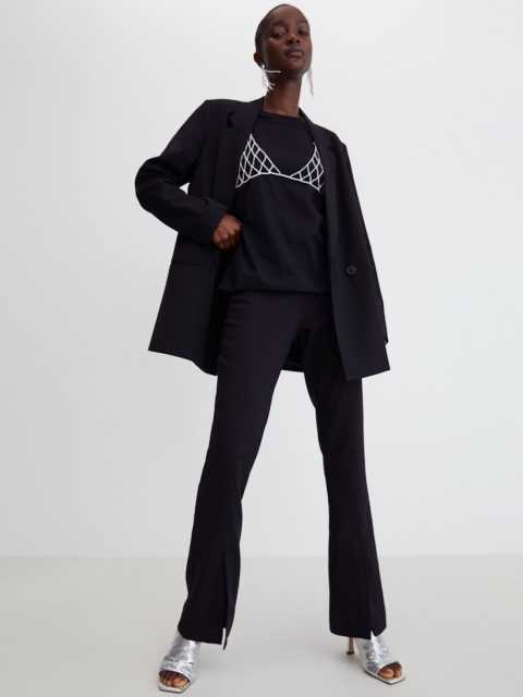 

H&M Women Black Slit-Hem Flared Trousers