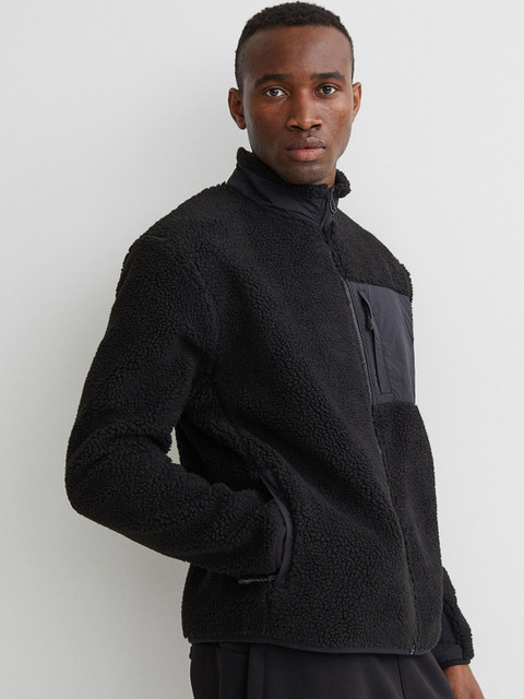 

H&M Men Black Solid Faux Shearling Sports Jacket