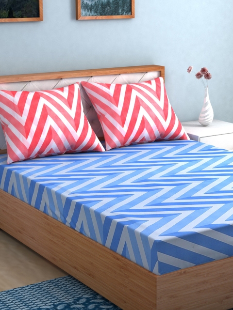 

TAG 7 Pack of 2 Blue & Red Striped 210 TC King Bedsheet with 4 Pillow Covers
