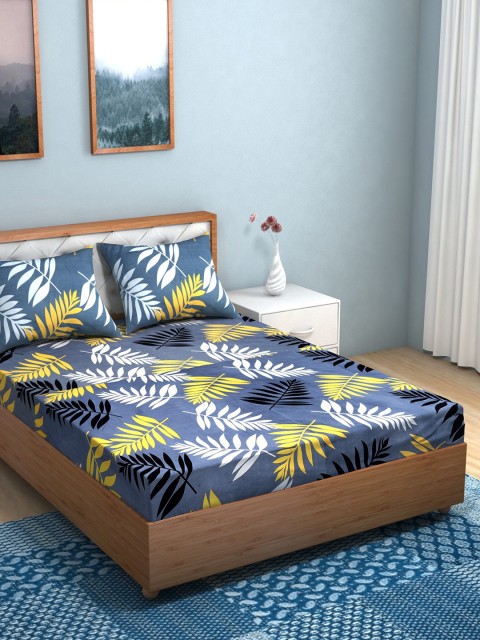 

TAG 7 Grey & Blue Floral 210 TC Cotton 2 King Bedsheets with 4 Pillow Covers