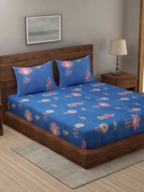 

TAG 7 Blue & Black Floral 210 TC 2 King Bedsheet with 4 Pillow Covers
