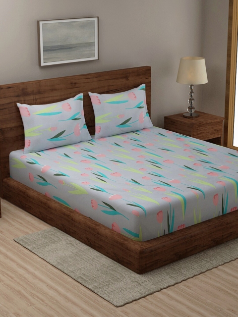 

TAG 7 Beige & Blue Floral Cotton 210 TC 2 King Bedsheet with 4 Pillow Covers