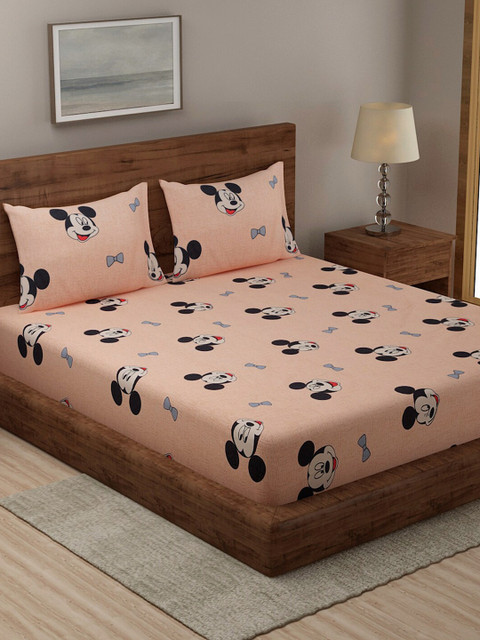 

TAG 7 Set Of 2 Peach-Coloured & Blue Printed 210 TC 2 King Bedsheet with 4 Pillow Covers