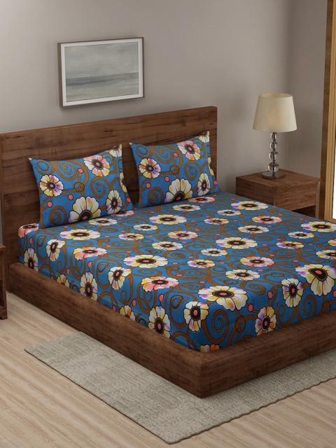 

TAG 7 Blue & Brown Floral 210 TC 2 King Bedsheet with 4 Pillow Covers