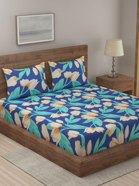 

TAG 7 Blue & Brown Floral 210 TC 2 King Bedsheet with 4 Pillow Covers