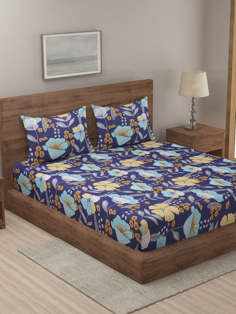 

TAG 7 Blue & Navy Blue Floral 210 TC Cotton 2 King Bedsheets with 4 Pillow Covers