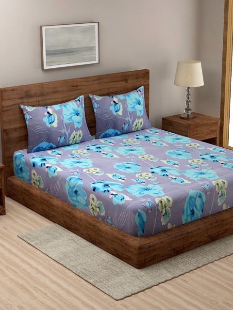 

TAG 7 Blue & Grey Floral 210 TC 2 King Bedsheet with 4 Pillow Covers