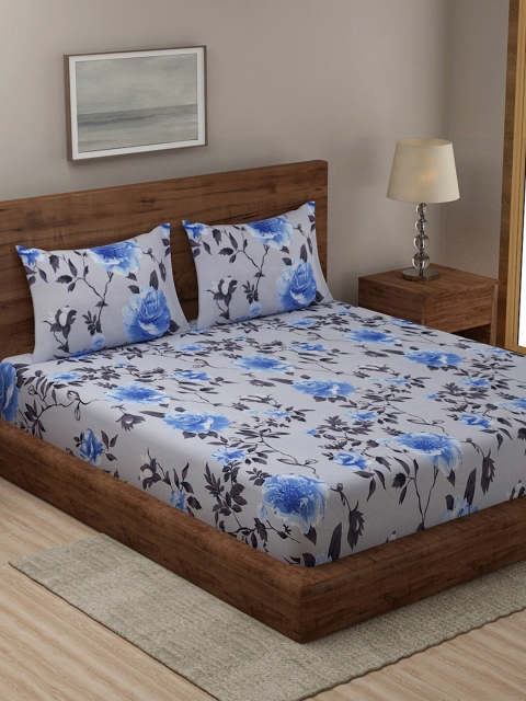 

TAG 7 Grey & Blue Floral 210 TC 2 King Bedsheet with 4 Pillow Covers