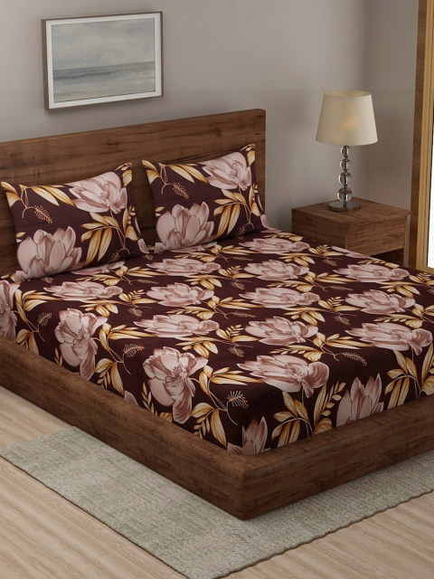 

TAG 7 Brown & Navy Blue Floral 210 TC Cotton 2 King Bedsheets with 4 Pillow Covers